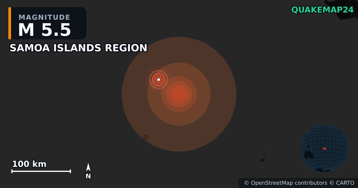 Erdbeben M5,5 bei SAMOA ISLANDS REGION — Karte der Lage des Epizentrums