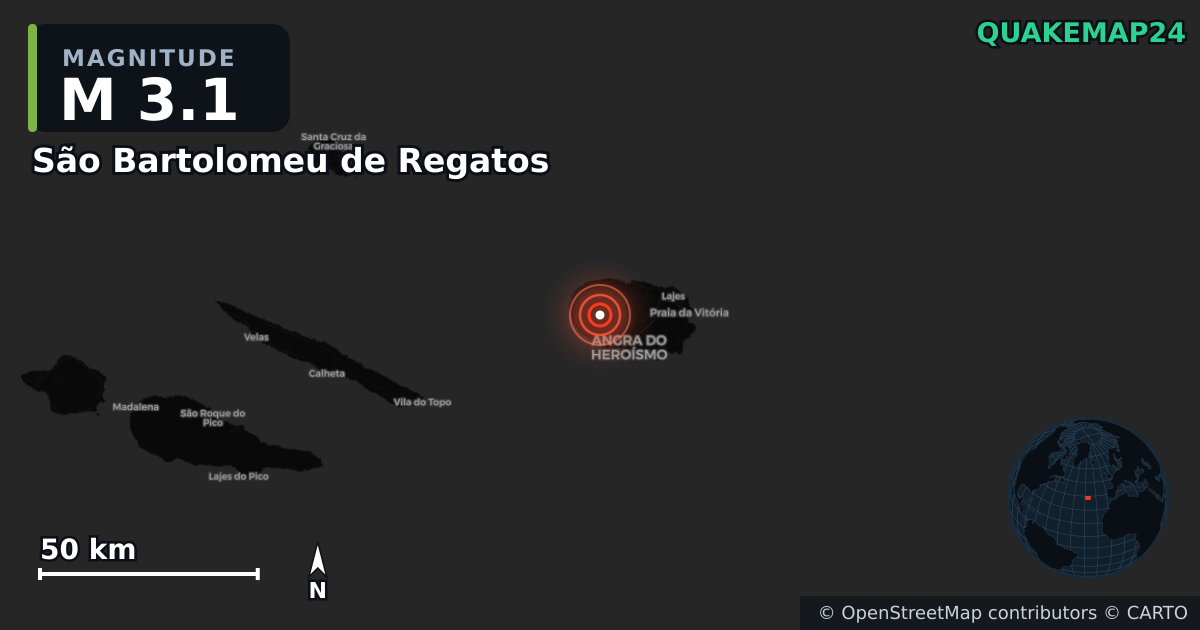 M3.1 earthquake near São Bartolomeu de Regatos on Nov 24, 2025 — map of epicenter and shaking intensity | QuakeMap24