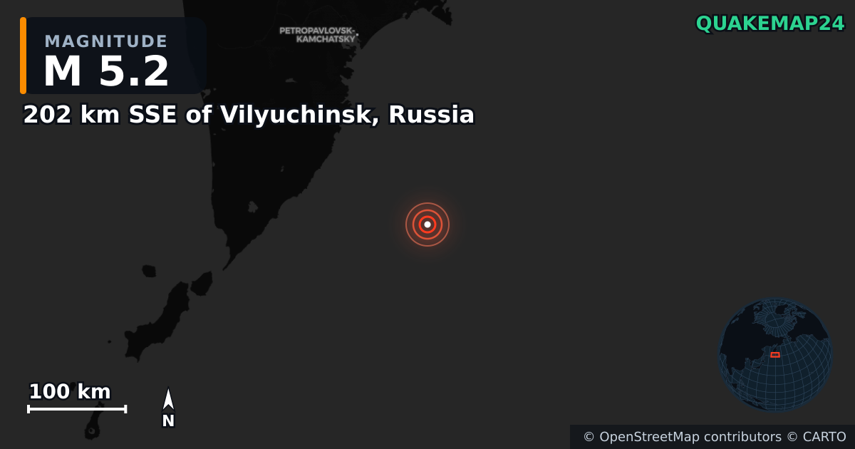 M5.2 earthquake near 202 km SSE of Vilyuchinsk, Russia on Jun 3, 2026 — map of epicenter and shaking intensity | QuakeMap24