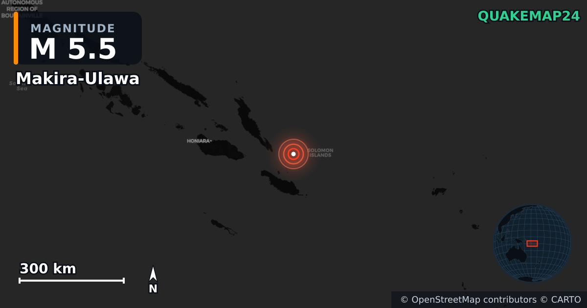 M5.5 earthquake near Makira-Ulawa on Jul 17, 2026 — map of epicenter and shaking intensity | QuakeMap24