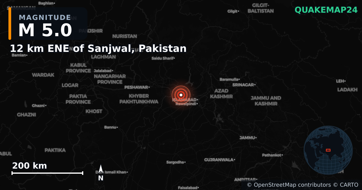 M5.0 earthquake near 12 km ENE of Sanjwal, Pakistan on Apr 12, 2025 — map of epicenter and shaking intensity | QuakeMap24