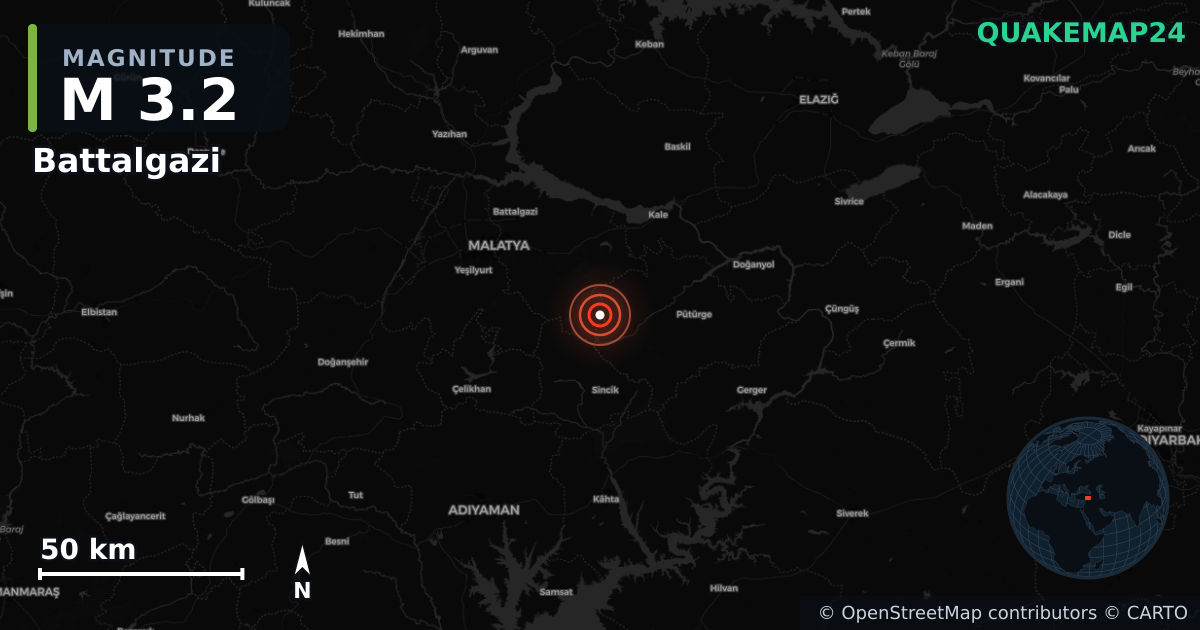 M3.2 earthquake near Battalgazi on Oct 2, 2025 — map of epicenter and shaking intensity | QuakeMap24