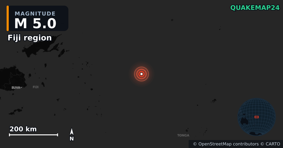 M5.0 earthquake near Fiji region on Jan 7, 2025 — map of epicenter and shaking intensity | QuakeMap24