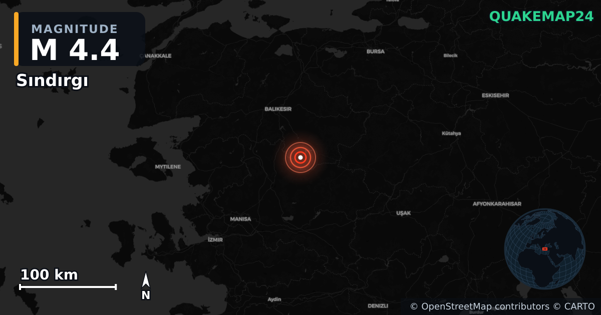 M4.4 earthquake near Sındırgı on Sep 5, 2025 — map of epicenter and shaking intensity | QuakeMap24