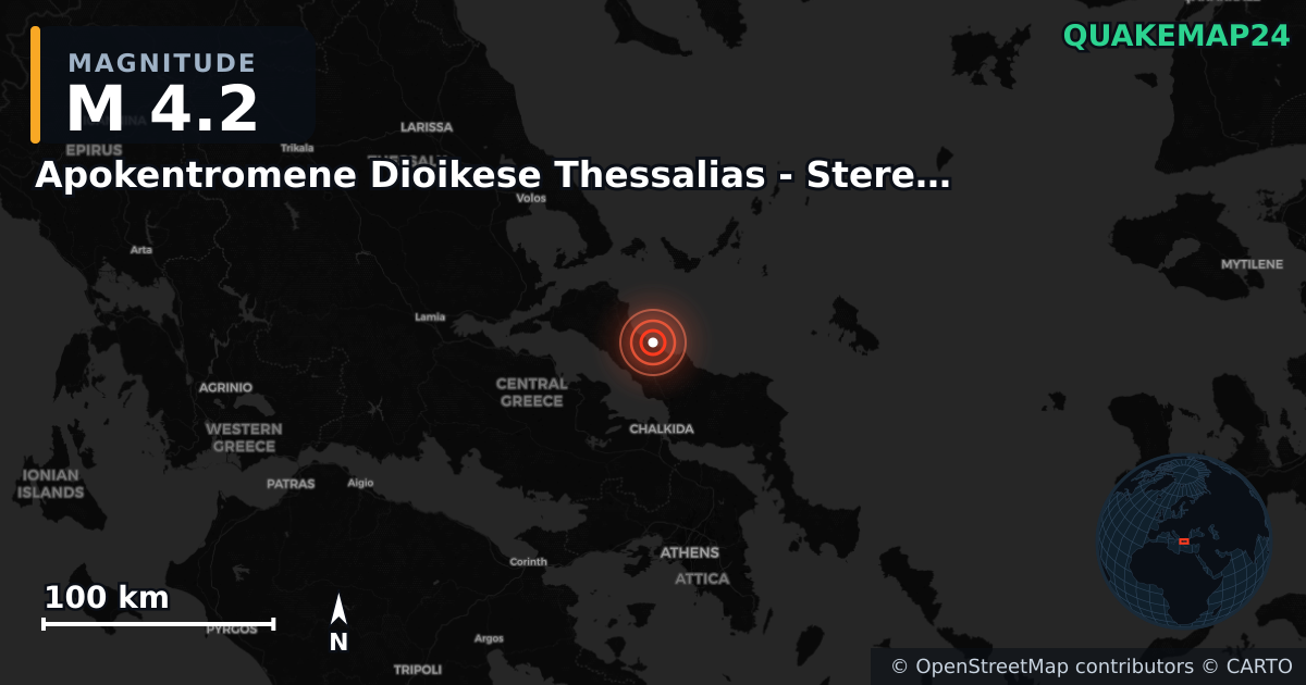 M4.2 earthquake near Apokentromene Dioikese Thessalias - Stereas Ellados on May 17, 2025 — map of epicenter and shaking intensity | QuakeMap24