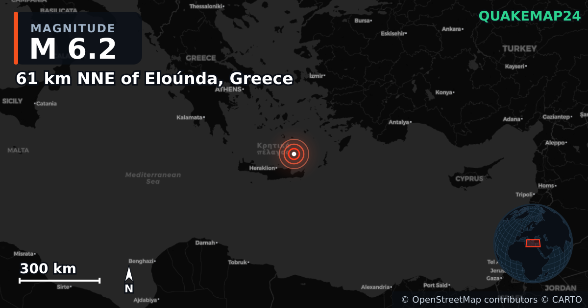 M6.2 earthquake near 61 km NNE of Eloúnda, Greece on May 22, 2025 — map of epicenter and shaking intensity | QuakeMap24