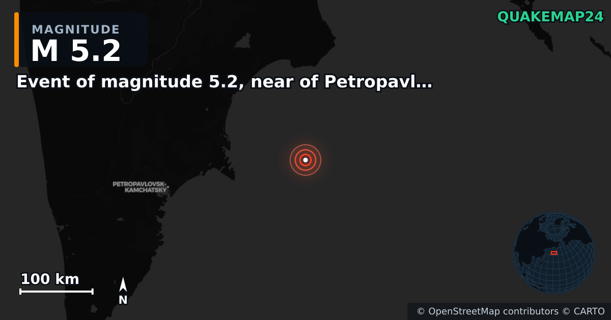 M5.2 earthquake near Event of magnitude 5.2, near of Petropavlovsk Kamchatskiy (Monde) on Oct 18, 2025 — map of epicenter and shaking intensity | QuakeMap24