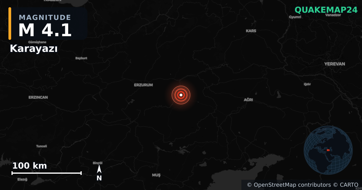 M4.1 earthquake near Karayazı on Jul 2, 2025 — map of epicenter and shaking intensity | QuakeMap24