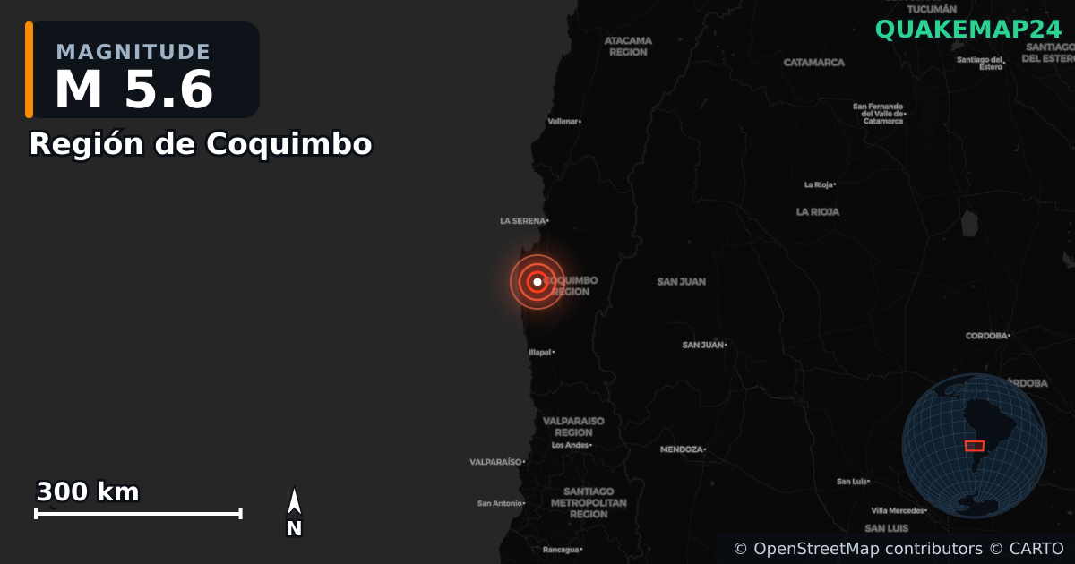 M5.6 earthquake near Región de Coquimbo on Oct 15, 2025 — map of epicenter and shaking intensity | QuakeMap24