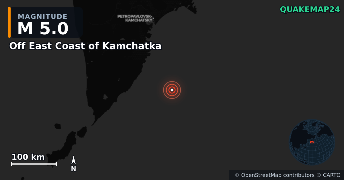 M5.0 earthquake near Off East Coast of Kamchatka on Aug 15, 2025 — map of epicenter and shaking intensity | QuakeMap24