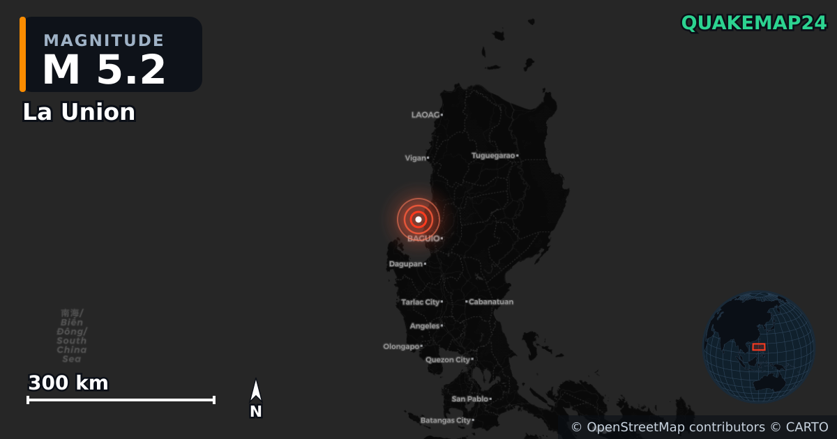 M5.2 earthquake near La Union on May 24, 2025 — map of epicenter and shaking intensity | QuakeMap24