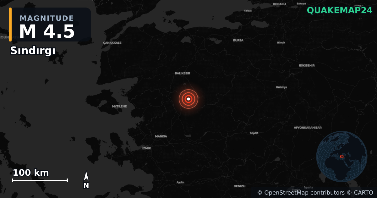 M4.5 earthquake near Sındırgı on Nov 9, 2025 — map of epicenter and shaking intensity | QuakeMap24