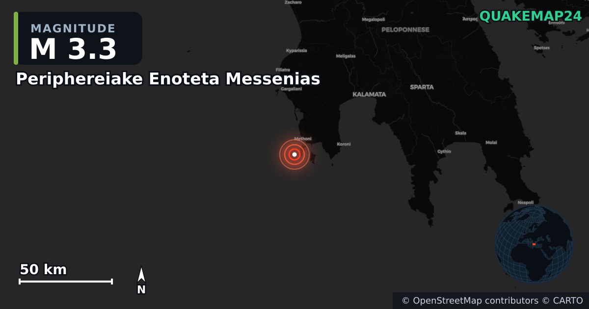 M3.3 earthquake near Periphereiake Enoteta Messenias on Jan 9, 2026 — map of epicenter and shaking intensity | QuakeMap24