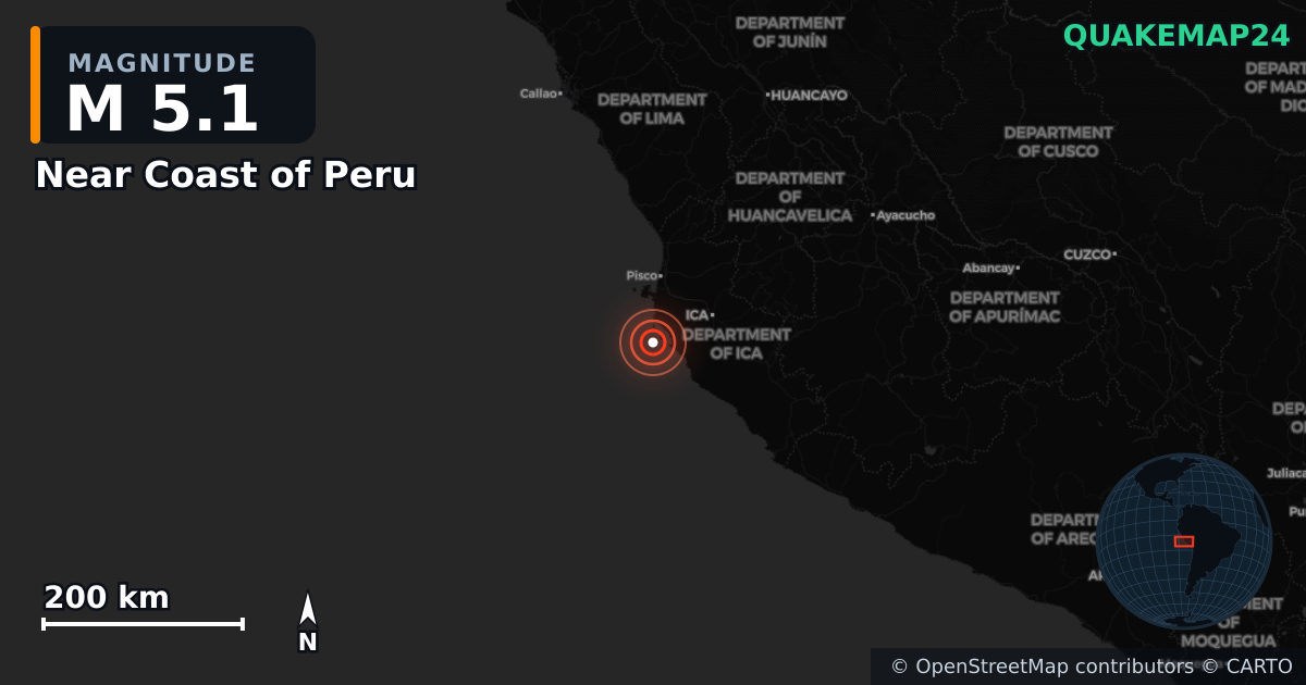 M5.1 earthquake near Near Coast of Peru on Apr 25, 2026 — map of epicenter and shaking intensity | QuakeMap24