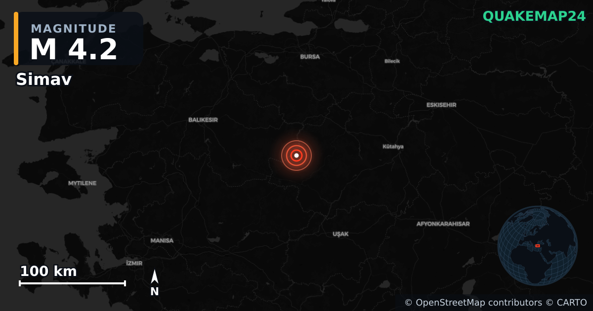 M4.2 earthquake near Simav on May 1, 2025 — map of epicenter and shaking intensity | QuakeMap24
