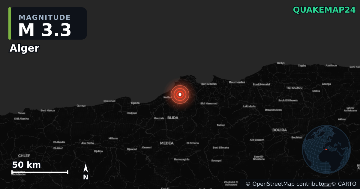 M3.3 earthquake near Alger on Sep 15, 2025 — map of epicenter and shaking intensity | QuakeMap24
