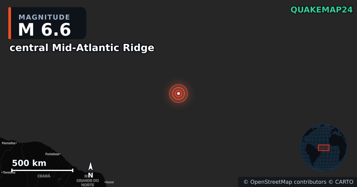 M6.6 earthquake near central Mid-Atlantic Ridge on Mar 28, 2025 — map of epicenter and shaking intensity | QuakeMap24
