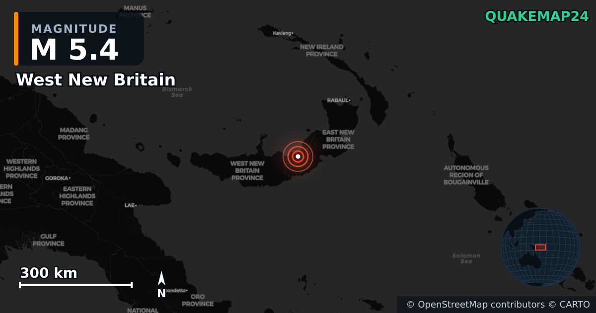 M5.4 earthquake near West New Britain on Apr 30, 2025 — map of epicenter and shaking intensity | QuakeMap24