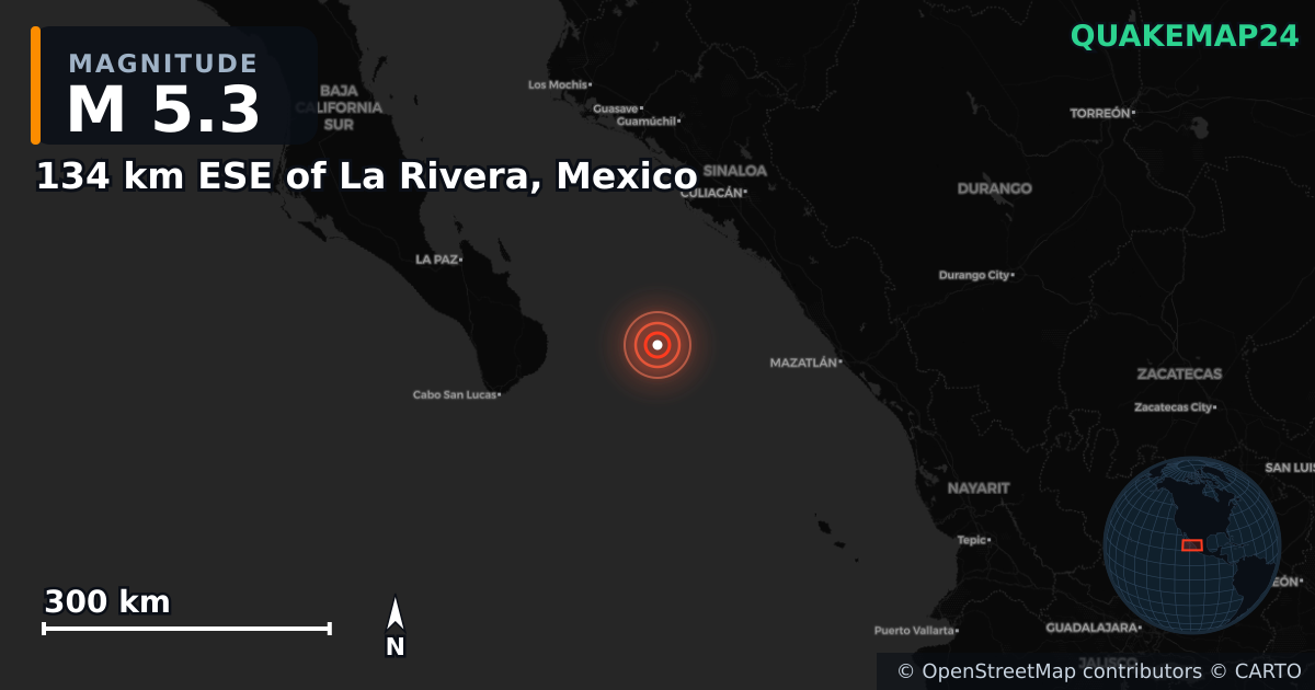 M5.3 Earthquake near 134 km ESE of La Rivera, Mexico · 2025-01-21 — Map showing the location of the epicenter
