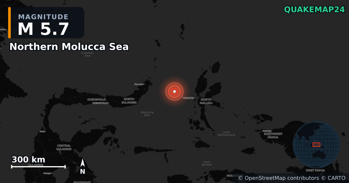 M5.7 earthquake near Northern Molucca Sea on Apr 1, 2026 — map of epicenter and shaking intensity | QuakeMap24