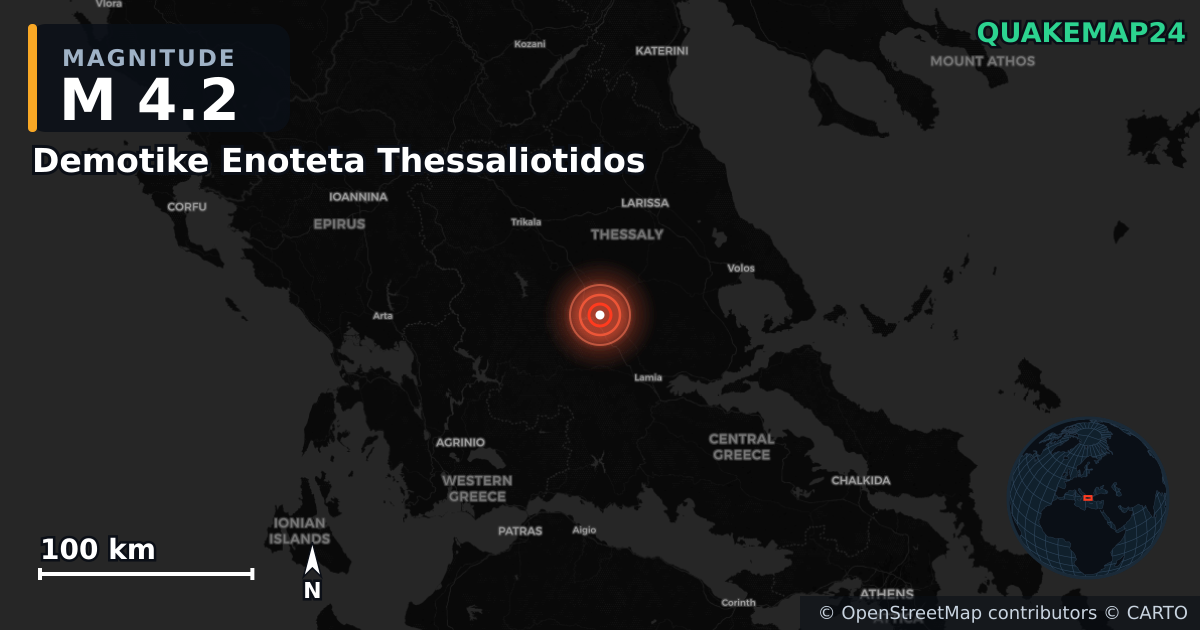 M4.2 earthquake near Demotike Enoteta Thessaliotidos on Jul 1, 2026 — map of epicenter and shaking intensity | QuakeMap24