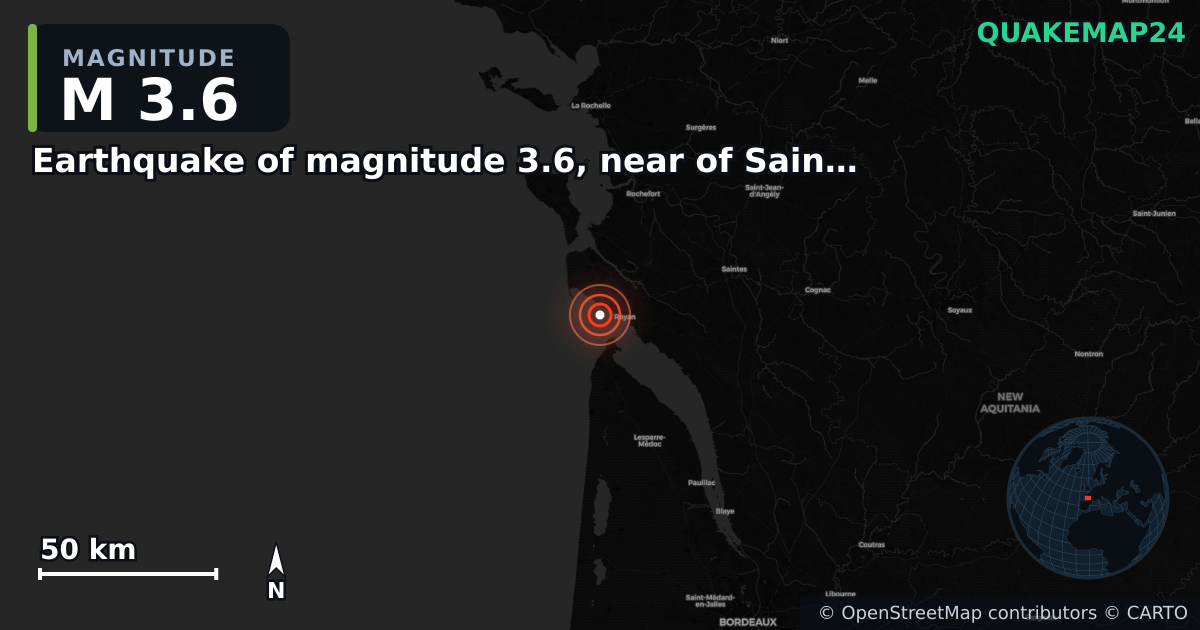 M3.6 earthquake near Earthquake of magnitude 3.6, near of Saintes (France hexagonale) on Sep 18, 2025 — map of epicenter and shaking intensity | QuakeMap24