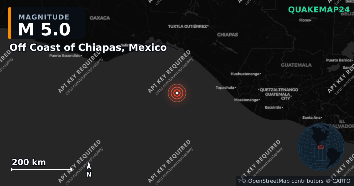 M5.0 earthquake near Off Coast of Chiapas, Mexico on Jun 18, 2025 — map of epicenter and shaking intensity | QuakeMap24