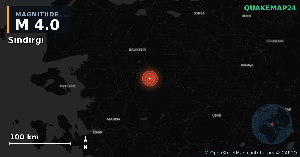 M4.0 earthquake near Sındırgı on Aug 21, 2025 — map of epicenter and shaking intensity | QuakeMap24