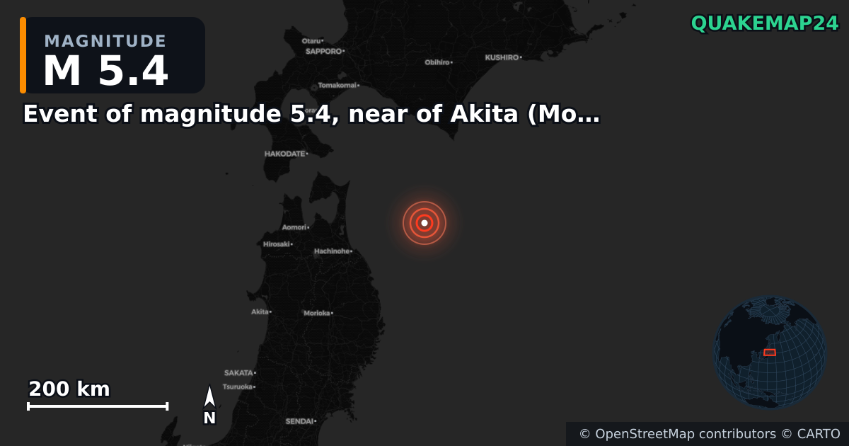 M5.4 earthquake near Event of magnitude 5.4, near of Akita (Monde) on Dec 8, 2025 — map of epicenter and shaking intensity | QuakeMap24