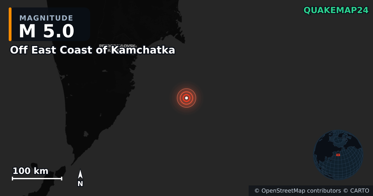 M5.0 earthquake near Off East Coast of Kamchatka on Nov 12, 2025 — map of epicenter and shaking intensity | QuakeMap24