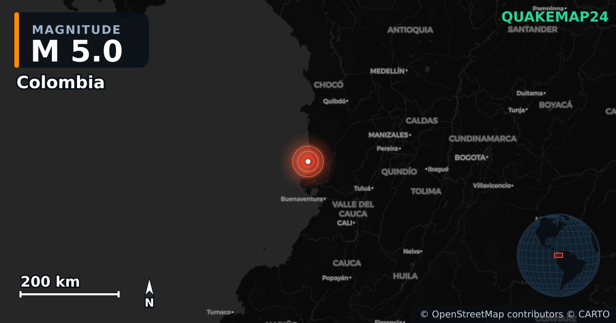 M5.0 earthquake near Colombia on Apr 23, 2025 — map of epicenter and shaking intensity | QuakeMap24