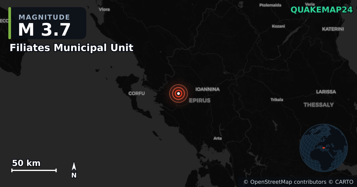 M3.7 earthquake near Filiates Municipal Unit on Apr 3, 2026 — map of epicenter and shaking intensity | QuakeMap24