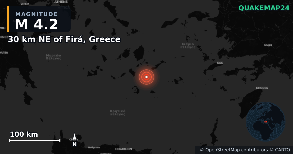 M4.2 earthquake near 30 km NE of Firá, Greece on Feb 5, 2025 — map of epicenter and shaking intensity | QuakeMap24
