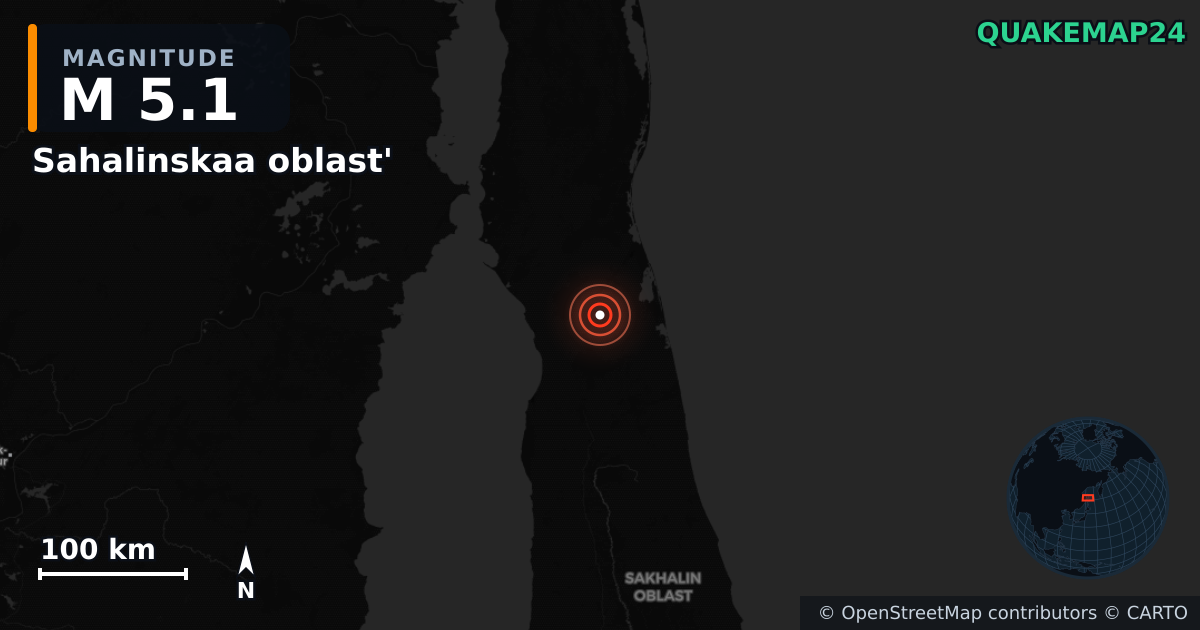 M5.1 earthquake near Sahalinskaa oblast' on Nov 6, 2025 — map of epicenter and shaking intensity | QuakeMap24