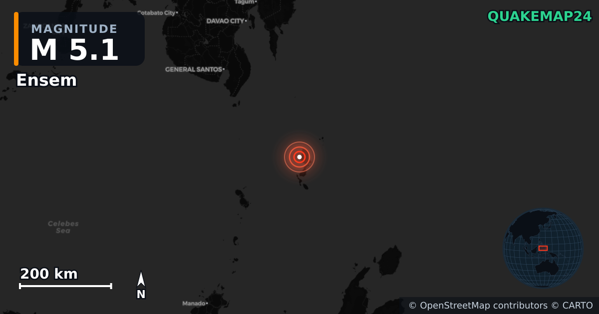 Erdbeben M5,1 bei Ensem, Sulawesi Utara (Indonesien) — Karte der Lage des Epizentrums