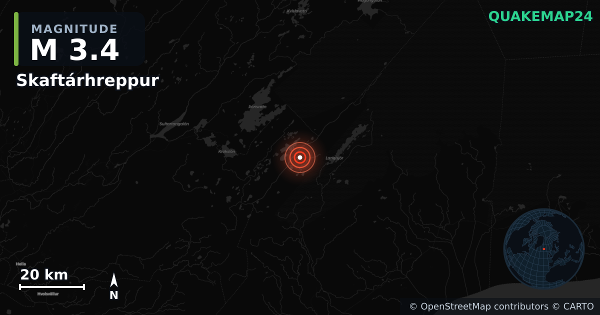 M3.4 earthquake near Skaftárhreppur on Jul 28, 2026 — map of epicenter and shaking intensity | QuakeMap24