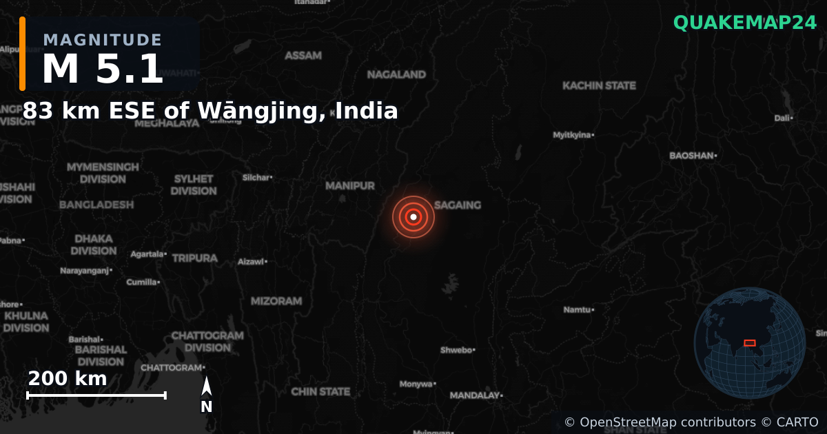 M5.1 earthquake near 83 km ESE of Wāngjing, India on Mar 18, 2025 — map of epicenter and shaking intensity | QuakeMap24