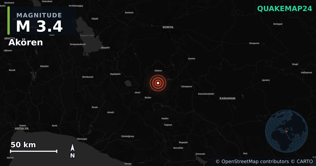 M3.4 earthquake near Akören on Feb 1, 2026 — map of epicenter and shaking intensity | QuakeMap24