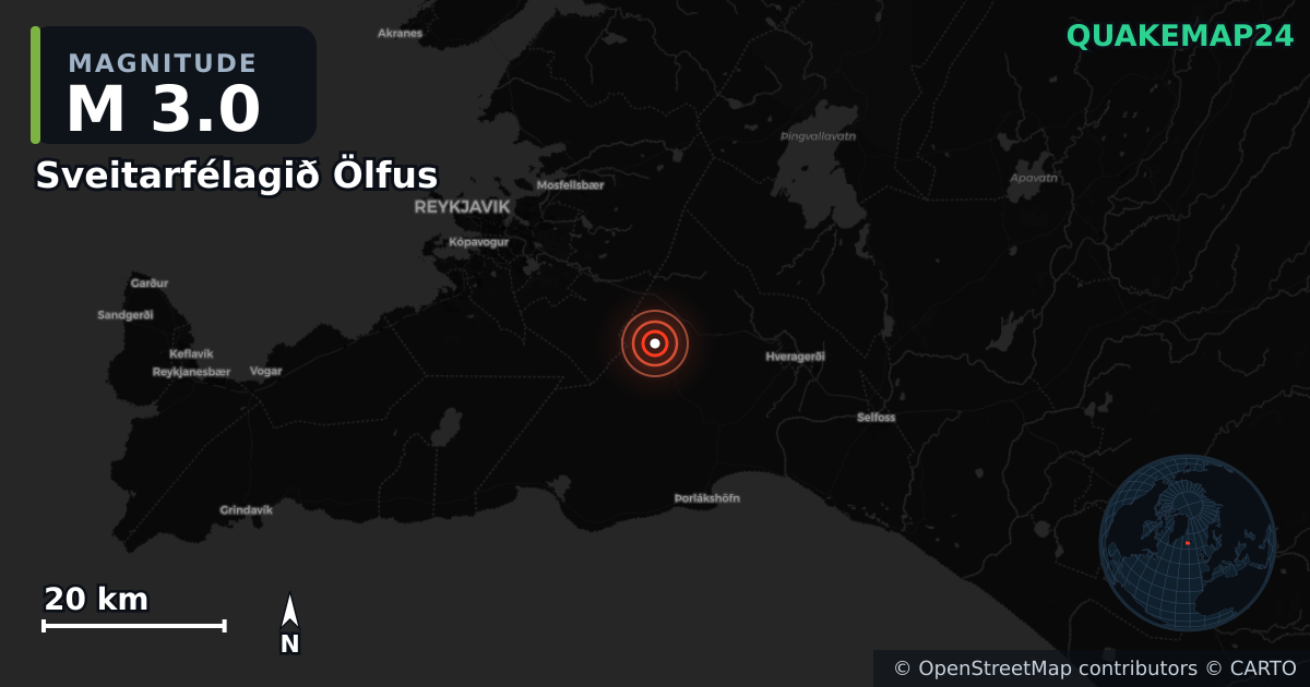 M3.0 earthquake near Sveitarfélagið Ölfus on Jan 28, 2026 — map of epicenter and shaking intensity | QuakeMap24