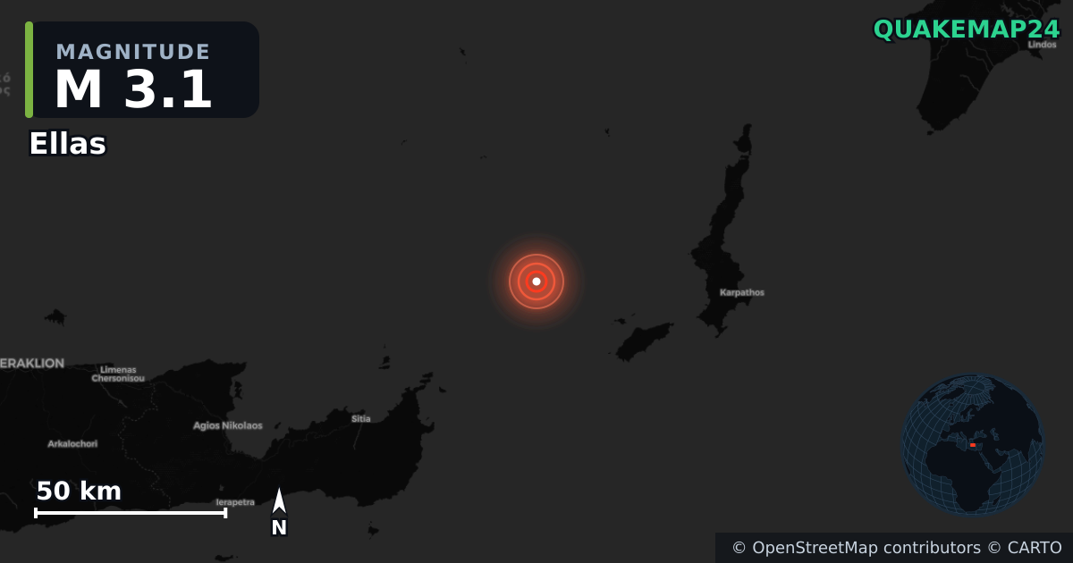 M3.1 earthquake near Ellas on Sep 28, 2025 — map of epicenter and shaking intensity | QuakeMap24
