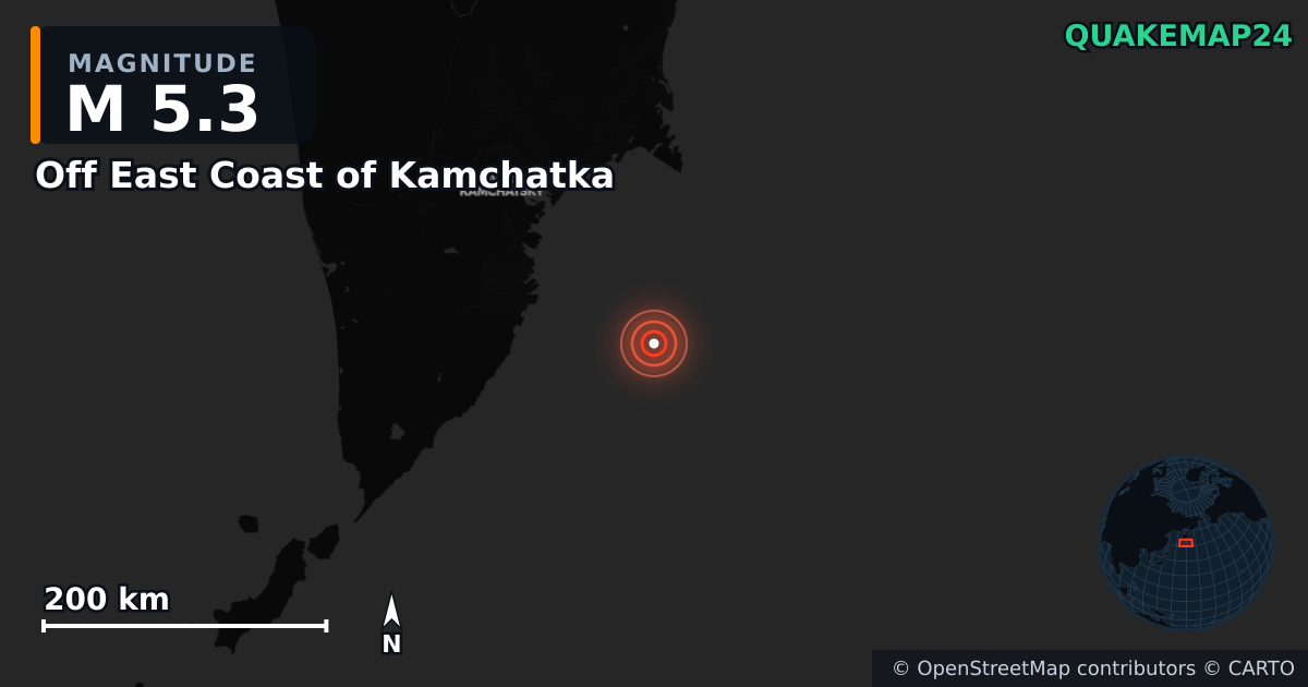 M5.3 earthquake near Off East Coast of Kamchatka on Nov 17, 2025 — map of epicenter and shaking intensity | QuakeMap24
