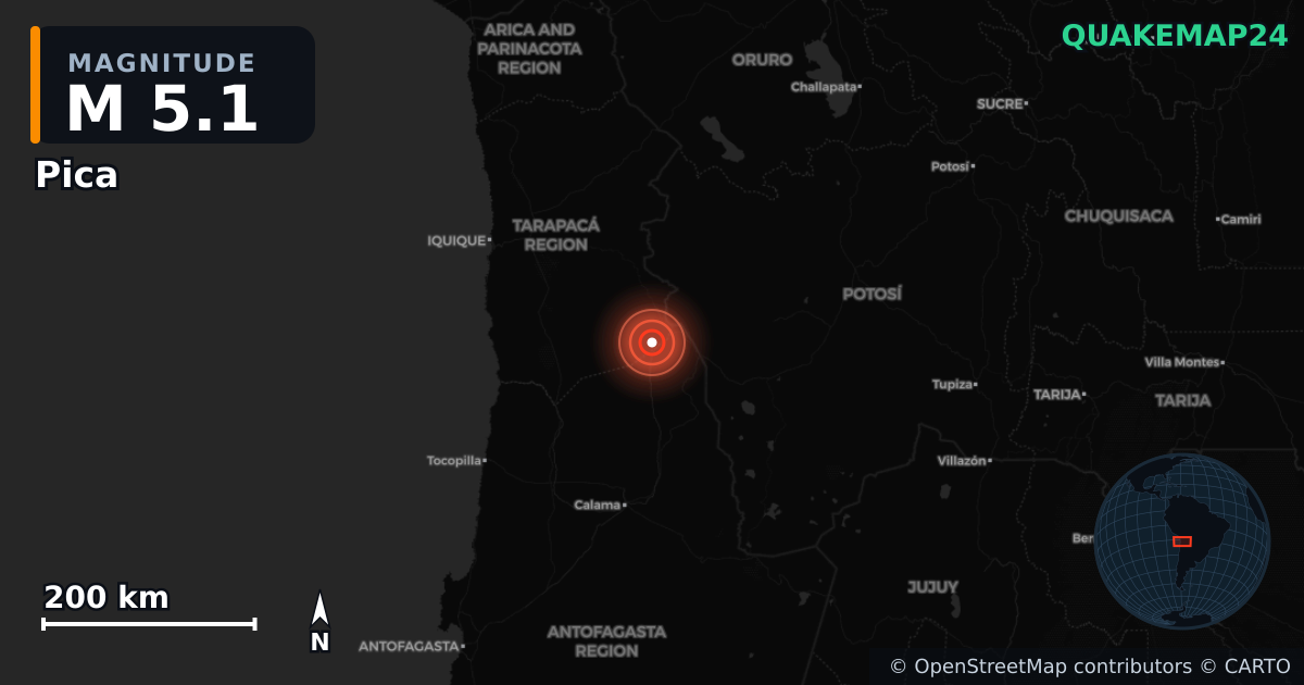 M5.1 earthquake near Pica on Jan 13, 2026 — map of epicenter and shaking intensity | QuakeMap24