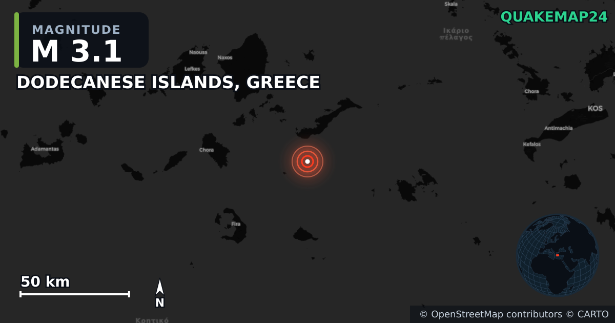 M3.1 earthquake near DODECANESE ISLANDS, GREECE on Jun 3, 2025 — map of epicenter and shaking intensity | QuakeMap24