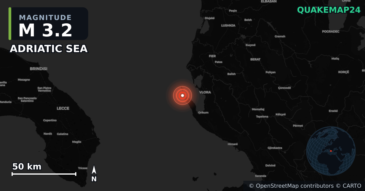 M3.2 earthquake near ADRIATIC SEA on Jul 13, 2025 — map of epicenter and shaking intensity | QuakeMap24