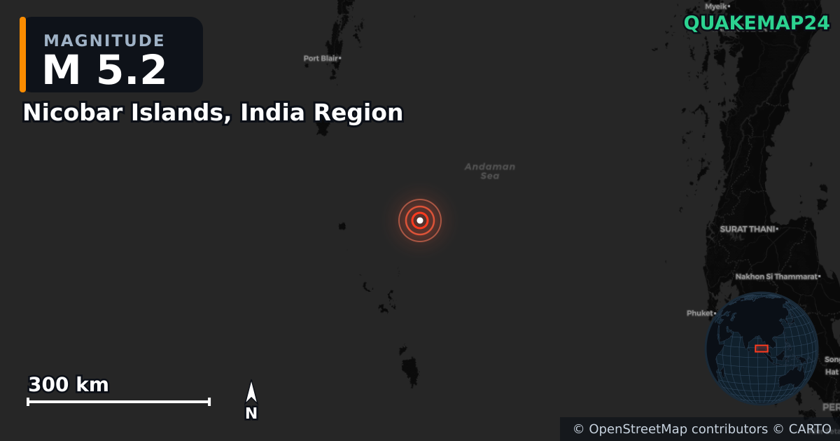 Nicobar Islands, India Region yakınında M5,2 deprem · 2025-06-27 — Deprem merkez üssünün konumunu gösteren harita