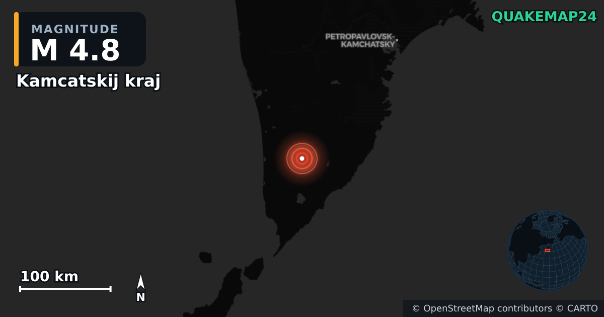 M4.8 earthquake near Kamcatskij kraj on Aug 26, 2025 — map of epicenter and shaking intensity | QuakeMap24