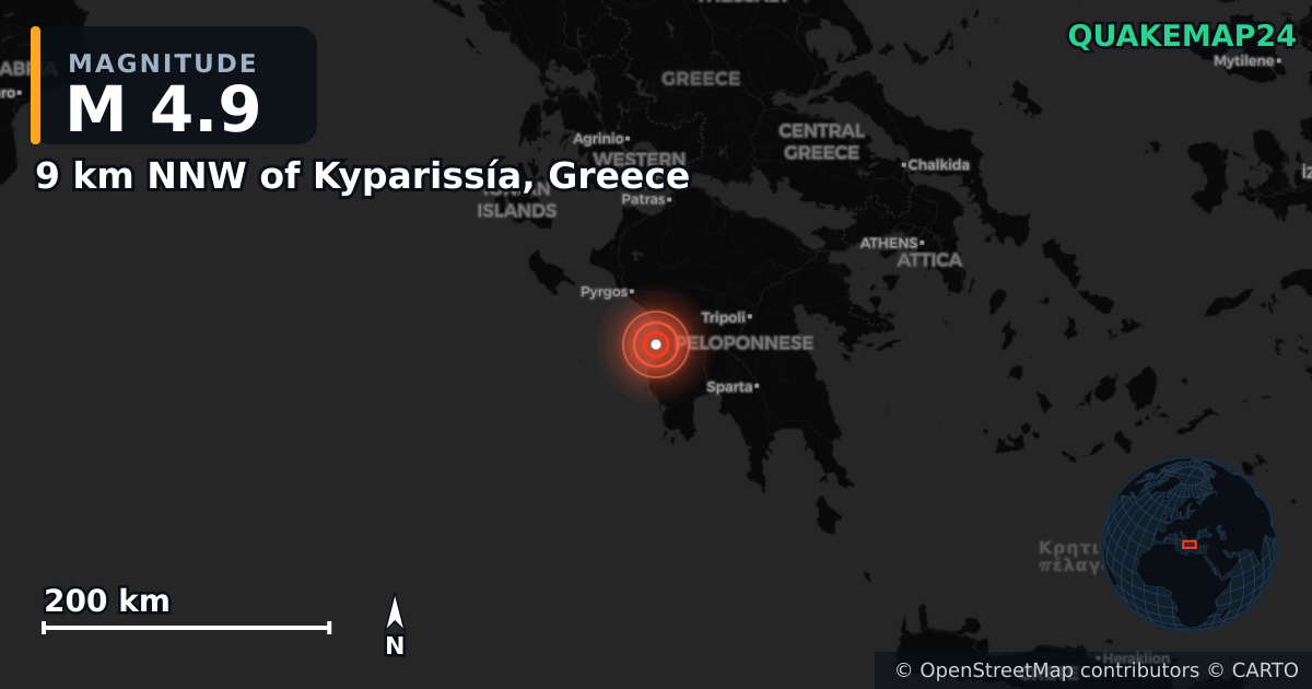 M4.9 earthquake near 9 km NNW of Kyparissía, Greece on Jan 6, 2025 — map of epicenter and shaking intensity | QuakeMap24