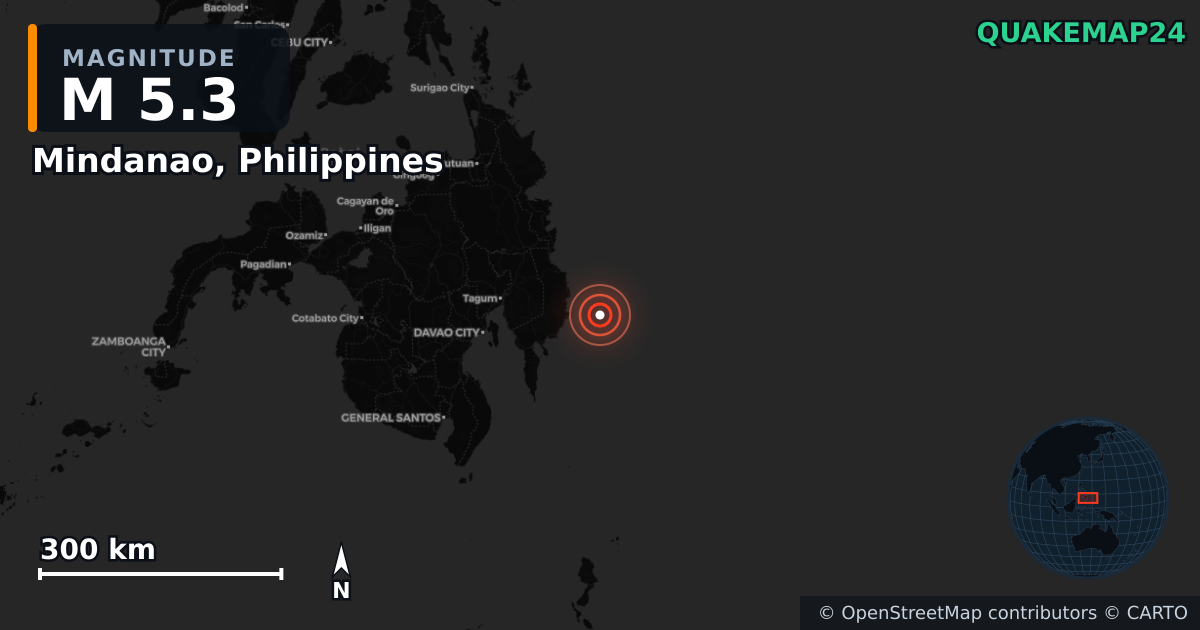 M5.3 earthquake near Mindanao, Philippines on Jan 7, 2026 — map of epicenter and shaking intensity | QuakeMap24