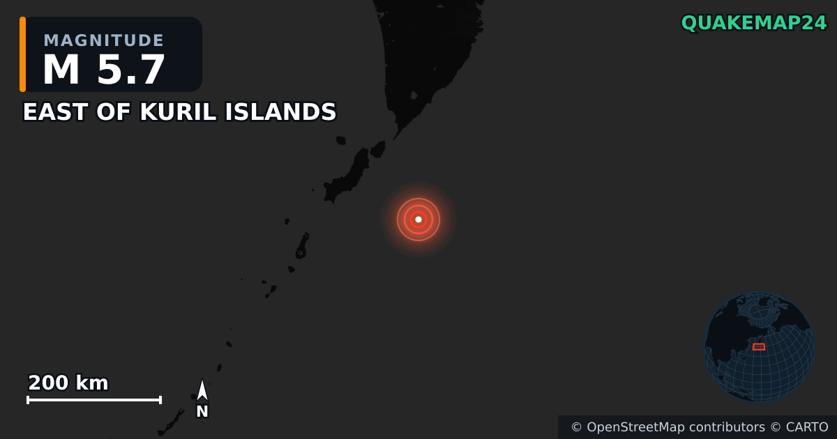 M5.7 earthquake near EAST OF KURIL ISLANDS on Jul 30, 2025 — map of epicenter and shaking intensity | QuakeMap24
