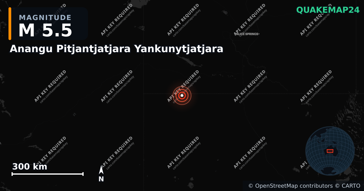 M5.5 earthquake near Anangu Pitjantjatjara Yankunytjatjara on Apr 4, 2026 — map of epicenter and shaking intensity | QuakeMap24
